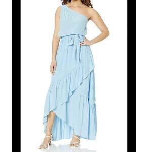 Ramy Brook Nicola One-Shoulder Tiered Ruffle Maxi Dress, Misty Blue, Medium, EUC